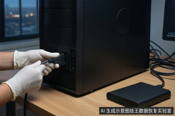 木质桌面上,左侧是一台黑色台式主机,右侧平放一个黑色移动硬盘。一双戴白色手套的手正握持黑色电源插头,将其插入主机后部的电源接口。背景可见模糊的窗户和城市夜景。