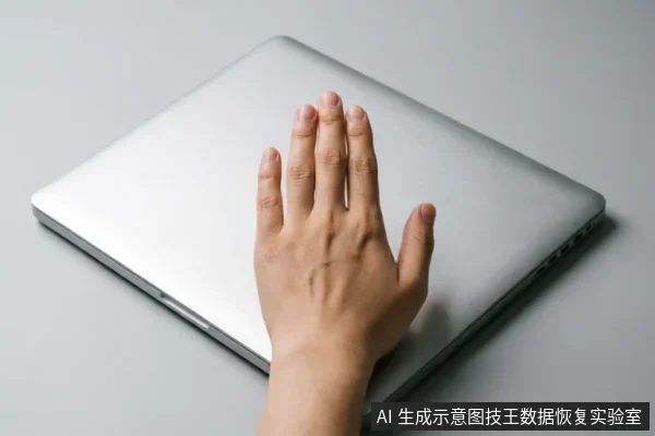 一只手掌平放在闭合的银色笔记本电脑外壳上,手指自然伸展。画面背景简洁,无屏幕显示或内部硬件细节,仅展示手部覆盖电脑的动作,象征停止操作或保持设备静止。