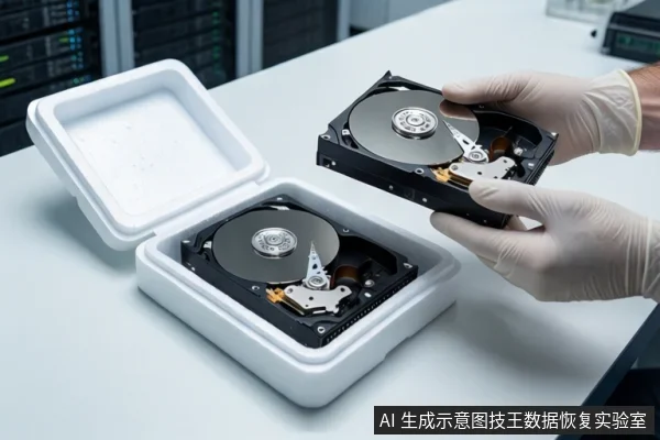 白色台面上,一双戴白色手套的手正握持一块打开外壳的机械硬盘,将其悬停在一个打开的白色防震箱上方,箱内嵌有另一块裸露的机械硬盘,背景为模糊的服务器机柜。