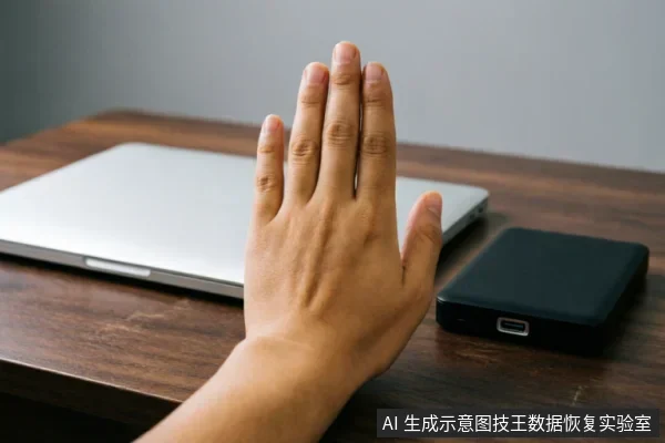 一只手掌在木质桌面上竖起,做出停止的手势。背景中有一台闭合的银色笔记本电脑,前景右侧放置着一个黑色的移动硬盘,示意在存储设备故障时立即停止操作。