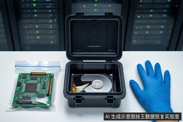 白色桌面上,中间打开的黑色防震箱内放置一块机械硬盘,左侧防静电袋内装有一块绿色电路板,右侧一只戴蓝色手套的手平放。背景为模糊的服务器机柜。