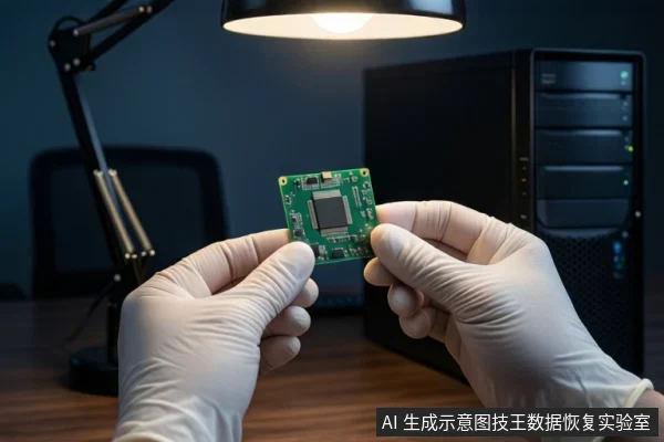 戴白手套的双手在室内桌面上持握一块绿色电路板,背景有台灯和黑色塔式主机。