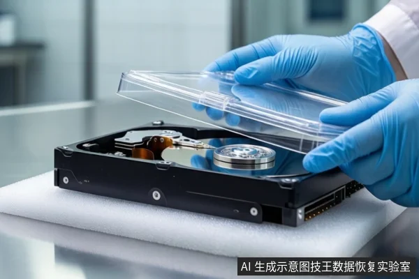 白色泡沫垫上平放一块打开外壳的机械硬盘,可见盘片、主轴和磁头臂。前景一双戴蓝色手套的手正持握一块透明塑料盖板,悬停在硬盘上方,呈准备覆盖或检查姿态。背景为模糊的实验室环境。