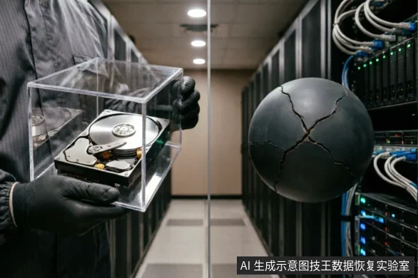 身穿防静电服的技术人员戴黑手套，双手托举装有裸露机械硬盘的透明亚克力保护盒。背景为服务器机房，右侧悬浮着一个带有裂纹的黑色球体，象征硬件物理故障或数据损坏风险。