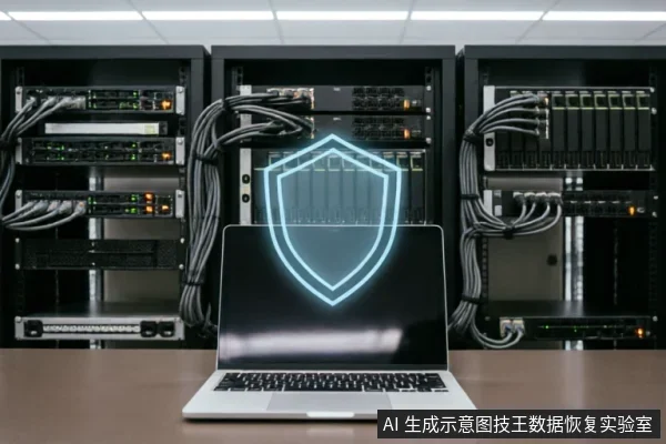 一台银色笔记本电脑放置在木质桌面上,屏幕显示发光的蓝色盾牌全息图标。背景为排列整齐的数据中心服务器机柜及连接线缆,象征专业数据安全防护与恢复环境。