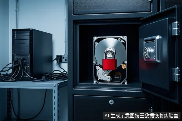 画面左侧金属架上放置一台黑色塔式主机,连接着黑色线缆。右侧黑色防震箱门打开,箱内固定一块打开外壳的机械硬盘,硬盘主轴上挂着一把红色挂锁。