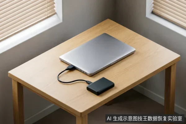 一张浅色木纹桌面上放置着一台闭合的银色笔记本电脑，电脑侧面通过黑色数据线连接着一个黑色的长方形移动硬盘盒，展示了外部存储设备与笔记本的物理连接状态。