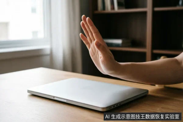 一只手掌在闭合的笔记本电脑前做出停止手势,示意拒绝操作或暂停使用。背景为模糊的书架和窗户,强调在设备故障时保持现状、避免进一步写入或干预的隔离原则。