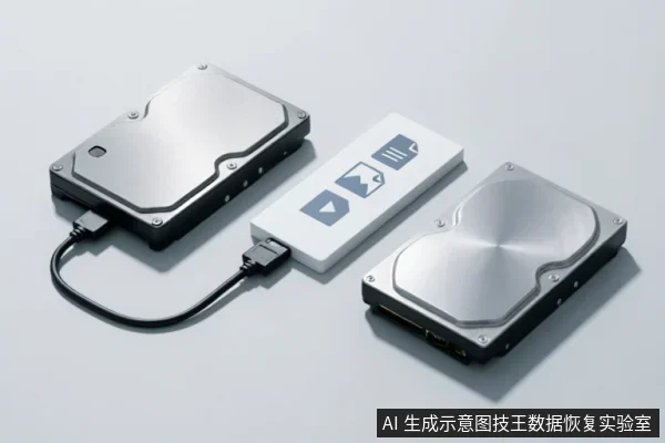 图中展示了两块银色机械硬盘与一个白色多功能读卡器。左侧硬盘通过黑色USB数据线连接至读卡器,右侧硬盘独立放置。读卡器表面印有SD卡、存储卡及视频播放等图标,示意外部连接链的完整性检查及数据读取环境。