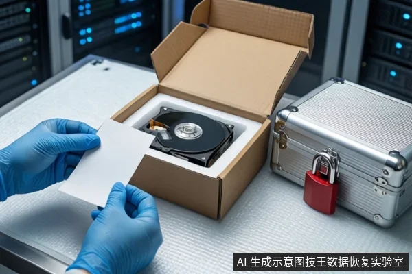 白色防静电桌面上，戴蓝色手套的双手正持握一张白纸，中间为打开的棕色纸箱，箱内白色泡沫中嵌有一块机械硬盘，右侧为挂有红色挂锁的银色金属防震箱，背景可见服务器机柜。