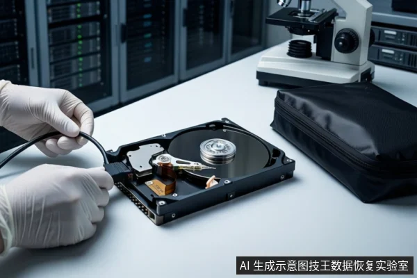 白色桌面上,一双戴白色手套的手正将一根黑色线缆插入一块打开外壳的机械硬盘接口。右侧放置显微镜和黑色防震箱,背景为模糊的服务器机柜。
