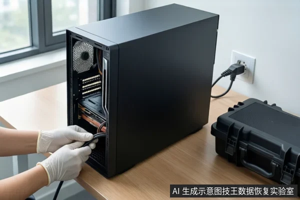 木质桌面上放置一台侧板打开的黑色台式主机,内部可见主板和硬盘位。左侧一双戴白色手套的手正握持黑色线缆,将其连接至主机内部接口。右侧桌面上放着一个闭合的黑色防震箱,背景为模糊的窗户。