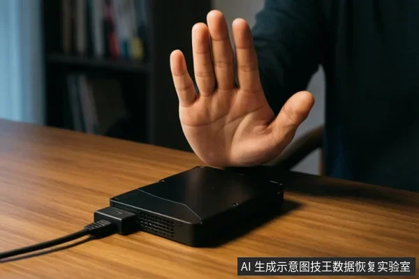 一只手悬停在木纹桌面上的黑色外接硬盘上方,手掌张开示意停止,硬盘连接着黑色数据线。