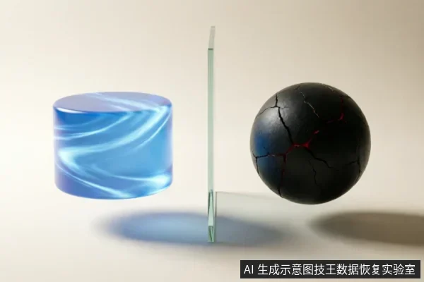 画面展示了一个蓝色漩涡纹理的圆柱体与一个表面布满裂纹且透出红光的黑色球体,被一块竖立的透明玻璃板隔开。物体悬浮于浅色背景中,通过具象化的对比隐喻硬件故障风险与数据隔离保护的概念。