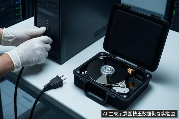 白色桌面上,左侧竖立一台黑色塔式主机,一双戴白色手套的手正按压其前部红色按钮;右侧一个打开的黑色防震箱内固定着一块机械硬盘,前景盘绕着一根黑色电源线插头,背景为模糊的服务器机柜。