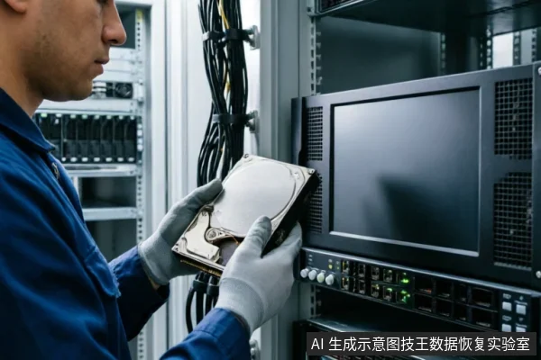 一名身穿蓝色工装、佩戴防静电手套的技术人员,在服务器机柜环境中双手持握一块机械硬盘。背景可见密集的理线线缆与机架式设备,展示了专业数据恢复机构对存储介质进行物理检测或处理的场景。