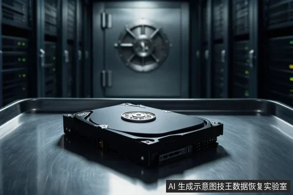 画面前景为放置在金属台面上的机械硬盘,背景为服务器机柜与圆形金属门,整体呈现数据中心或实验室环境。