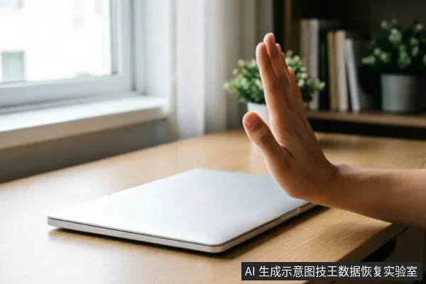 一只手掌在闭合的笔记本电脑前做出停止手势,示意紧急制动或拒绝操作。背景为办公桌面与窗户,象征在存储设备故障时立即停止通电尝试,避免数据二次损伤。