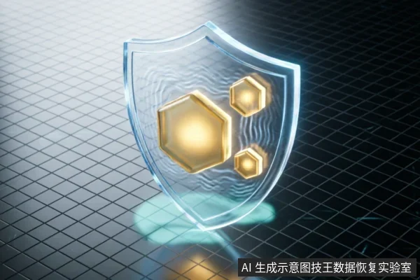 一个发光的透明科技盾牌悬浮在深色网格背景上，盾牌内部包含三个金色六边形结构，象征数据安全防护与系统稳定性。