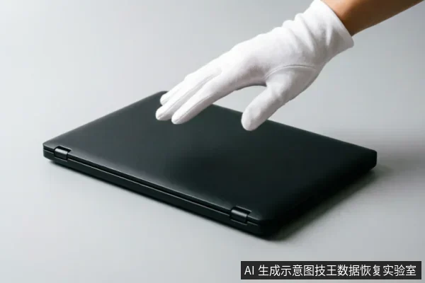 一只戴着白色手套的手悬停在闭合的黑色笔记本电脑上方，背景为纯净的浅灰色。画面通过戴手套接触设备的动作，示意在数据恢复或硬件检测过程中对原始介质进行规范、谨慎的操作与保护。