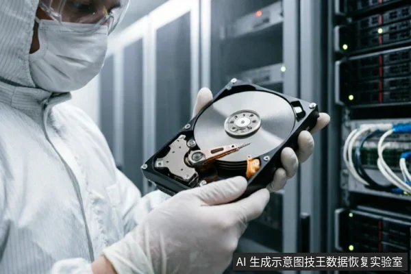 一名身穿白色防静电服、佩戴口罩和手套的技术人员,在服务器机房背景下双手托举一块已打开外壳的机械硬盘。画面清晰展示了硬盘内部的磁盘盘片、磁头臂及橙色连接线等核心组件结构。