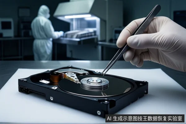 洁净室白色桌面上,前景一只戴白手套的手持镊子操作一块打开外壳的机械硬盘,背景有一名穿无尘服的技术人员正在工作台前操作。