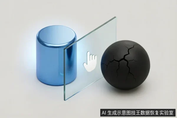 画面展示了一个蓝色金属圆柱体、一块带有白色手形图标的透明玻璃板以及一个表面布满裂纹的黑色球体。玻璃板将圆柱与黑球隔开,象征在数据恢复过程中设立的安全边界与隔离机制,用于防止误操作导致的数据进一步损坏。