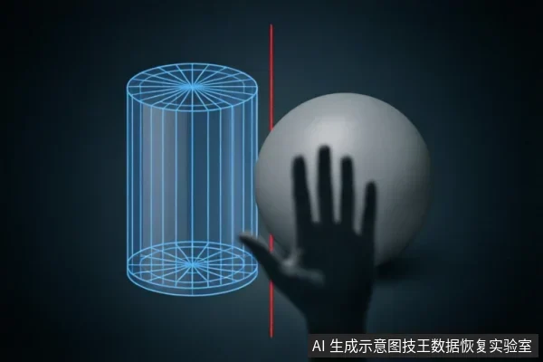 画面展示了一只手正试图触碰一个灰色球体,球体左侧立着一条红色垂直分割线,线另一侧是一个蓝色的圆柱体线框模型。整体呈现出一种抽象的对比与阻隔感,隐喻物理接触与数据保护之间的界限。