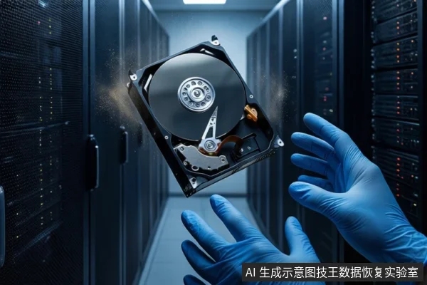 Blue-gloved hands reach toward a floating open hard drive in a server room.