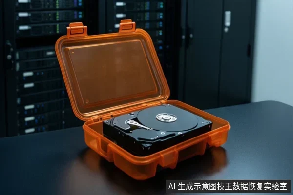 黑色桌面上放置一个打开的橙色防静电硬盘盒，盒内装有一块裸露的机械硬盘，背景为模糊的服务器机柜。
