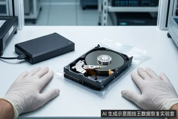 白色桌面上，一双戴白色手套的手平放在桌边。中间透明防静电袋内平放一块打开外壳的机械硬盘，左侧放置一个闭合的黑色防震箱，背景为模糊的服务器机柜。