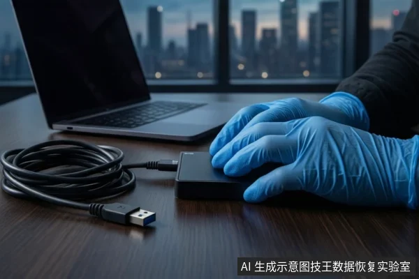 木质桌面上，左侧有一台打开的笔记本电脑和盘绕的黑色USB线缆，中间平放一块黑色移动硬盘，右侧一双戴蓝色手套的手正按压在硬盘上，背景为模糊的城市夜景。