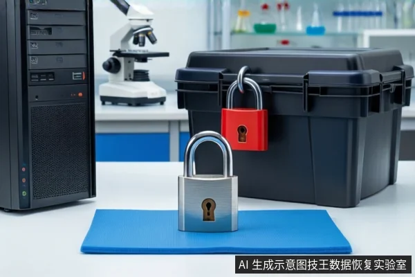 白色桌面上，左侧竖立一台黑色塔式服务器，右侧放置一个闭合的黑色防震箱，箱上挂着一把红色挂锁。前景蓝色防静电垫上立着一把银色挂锁。背景为模糊的实验室显微镜和试剂瓶。