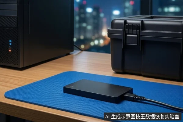 木质桌面上铺着蓝色防静电垫,垫子上平放一个黑色移动硬盘,右侧连接着一根黑色线缆。左后方是一台黑色台式主机,右侧是一个闭合的黑色防震箱。背景为模糊的窗户和城市夜景。