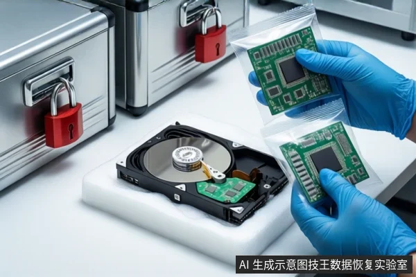 白色防静电工作台上,左侧放置两个挂有红色挂锁的银色金属防震箱,中间白色泡沫垫上平放一块打开外壳的机械硬盘,右侧一双戴蓝色手套的手持握两个装有绿色芯片电路板的透明防静电袋。
