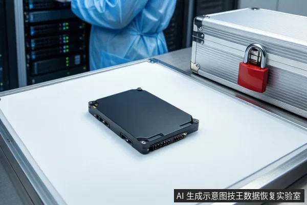 洁净室白色桌面上平放一块黑色固态硬盘,右侧为挂有红色挂锁的银色金属防震箱,背景为模糊的服务器机柜和穿无尘服的技术人员。