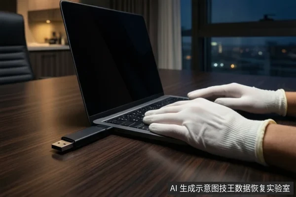 木质桌面上,戴白手套的双手正在操作一台打开的笔记本电脑键盘,左侧插着一个黑色USB设备,背景为模糊的城市夜景。