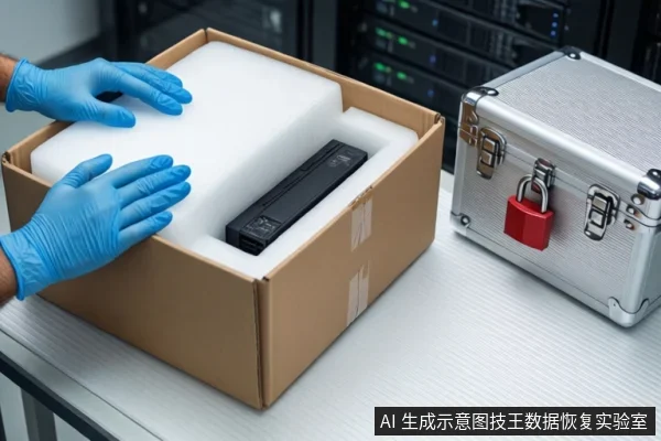 白色桌面上,戴蓝色手套的双手正按压棕色纸箱内的白色泡沫,泡沫中嵌有一块黑色固态硬盘,右侧为挂有红色挂锁的银色金属防震箱,背景可见服务器机柜。