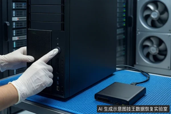 蓝色防静电垫上放置一台黑色立式主机,右侧连接着一个黑色移动硬盘。左侧一双戴白色手套的手正伸出食指按压主机前部的电源按钮。背景为模糊的服务器机柜和圆形风扇。
