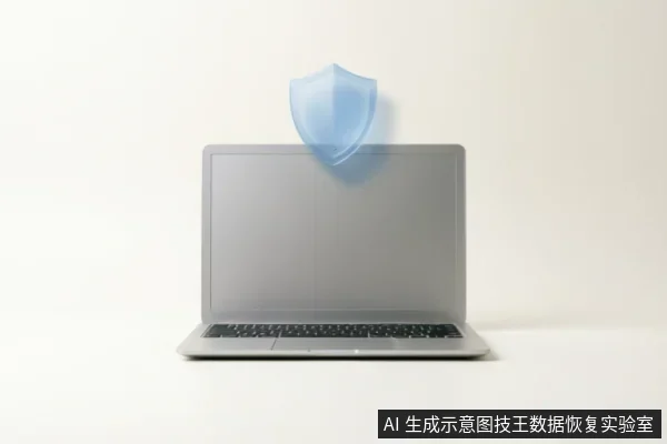 一台银灰色笔记本电脑正面放置在白色背景上,屏幕上方悬浮着一个半透明的蓝色盾牌图标,象征数据安全防护与系统保护。
