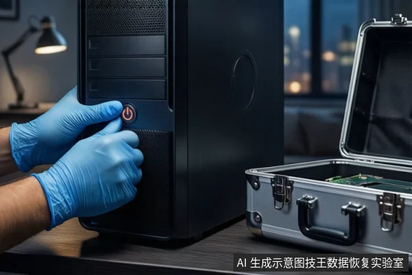 木质桌面上，戴蓝色手套的双手正按压黑色塔式主机正面的红色电源按钮，右侧为打开的银色金属防震箱，箱内可见绿色电路板，背景为模糊的城市夜景。