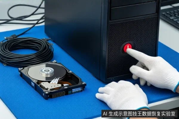 蓝色防静电垫上，右侧是一台黑色台式主机，一只戴白色手套的手正按压主机前部的红色电源按钮。左侧平放一块打开外壳的机械硬盘和一卷黑色线缆。