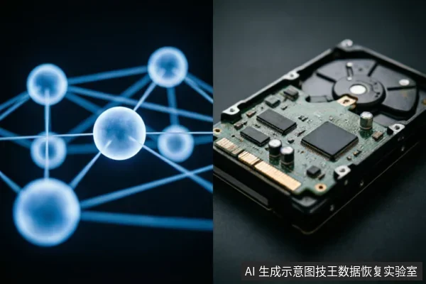 画面左侧为发光的蓝色球体网络结构,象征数据连接或逻辑层;右侧特写展示一块裸露的绿色电路板硬盘,清晰可见芯片、电容及金属盘体结构。背景深暗,突出了硬件细节与抽象数据的对比。