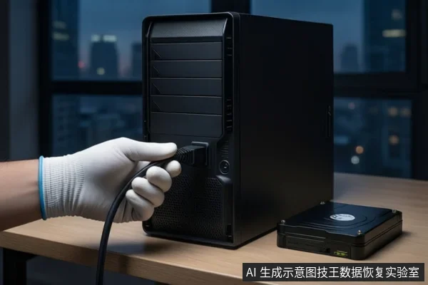 木质桌面上竖立一台黑色塔式主机，一只戴白色手套的手正将黑色线缆插头插入主机后部接口，右侧平放一块黑色机械硬盘，背景为模糊的城市夜景。