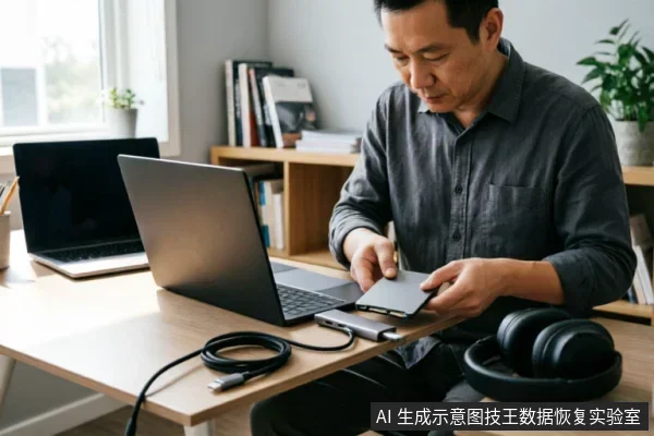 一名男子坐在木质办公桌前，双手持握一块2.5英寸移动硬盘，正将其连接至笔记本电脑的USB扩展坞。桌面上放置有黑色头戴式耳机、数据线及另一台备用笔记本，背景为书架与绿植，呈现典型的数据恢复或技术检测工作环境。