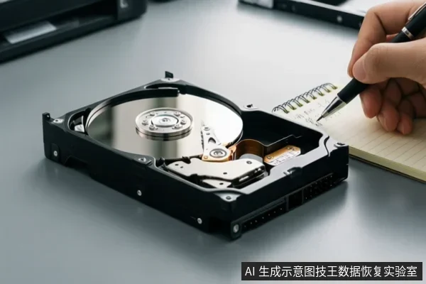 桌面上放置一块打开外壳的机械硬盘,可见盘片与磁头组件;右侧一只手正握笔在笔记本上记录。