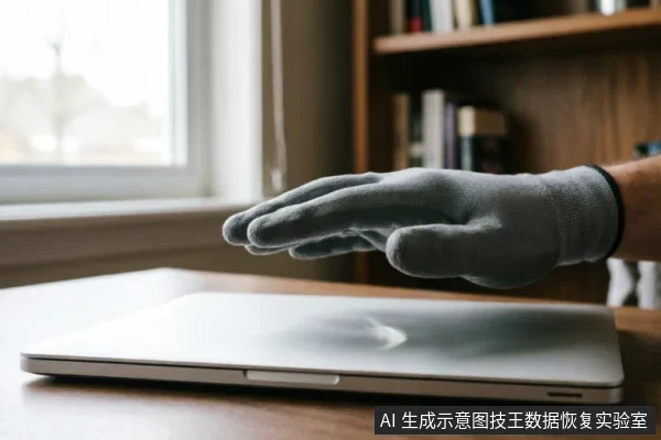一只戴着灰色防护手套的手悬停在闭合的银色笔记本电脑上方，背景为模糊的书架与窗户。画面通过手势暗示对设备的谨慎接触或保护性隔离，符合数据恢复中避免二次损伤的操作理念。
