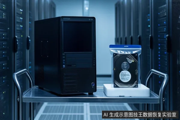 蓝色服务器机房背景中，金属推车上左侧放置一台黑色塔式电脑主机，右侧白色泡沫垫上立放一块透明防静电袋封装的机械硬盘。