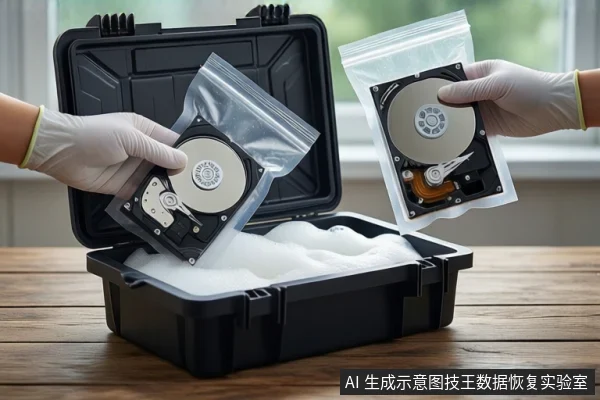 木质桌面上放置一个打开的黑色防震箱，箱内铺有白色泡沫。左右两侧各有一只戴白色手套的手，分别握持一个装有裸露机械硬盘的透明自封袋，悬停在箱子上方。背景为模糊的窗户。