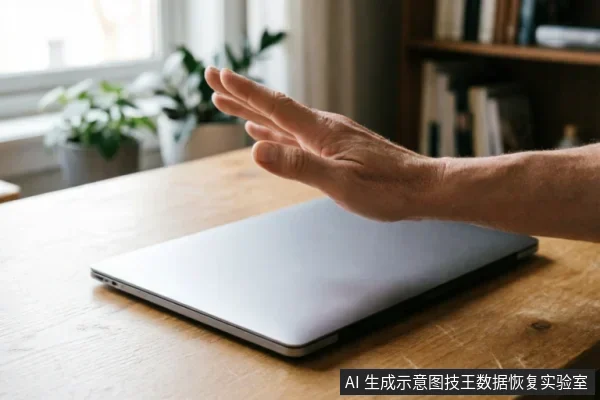 一只成年男性的手悬停在闭合的银色笔记本电脑上方,手掌向下张开,做出停止或拒绝的手势。背景为模糊的木质桌面、窗户及书架,光线明亮自然。